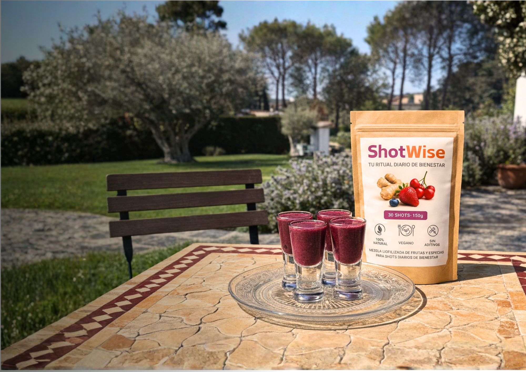 Pouch de ShotWise y 4 shots en una mesa frente a un jardín. Natural y delicioso