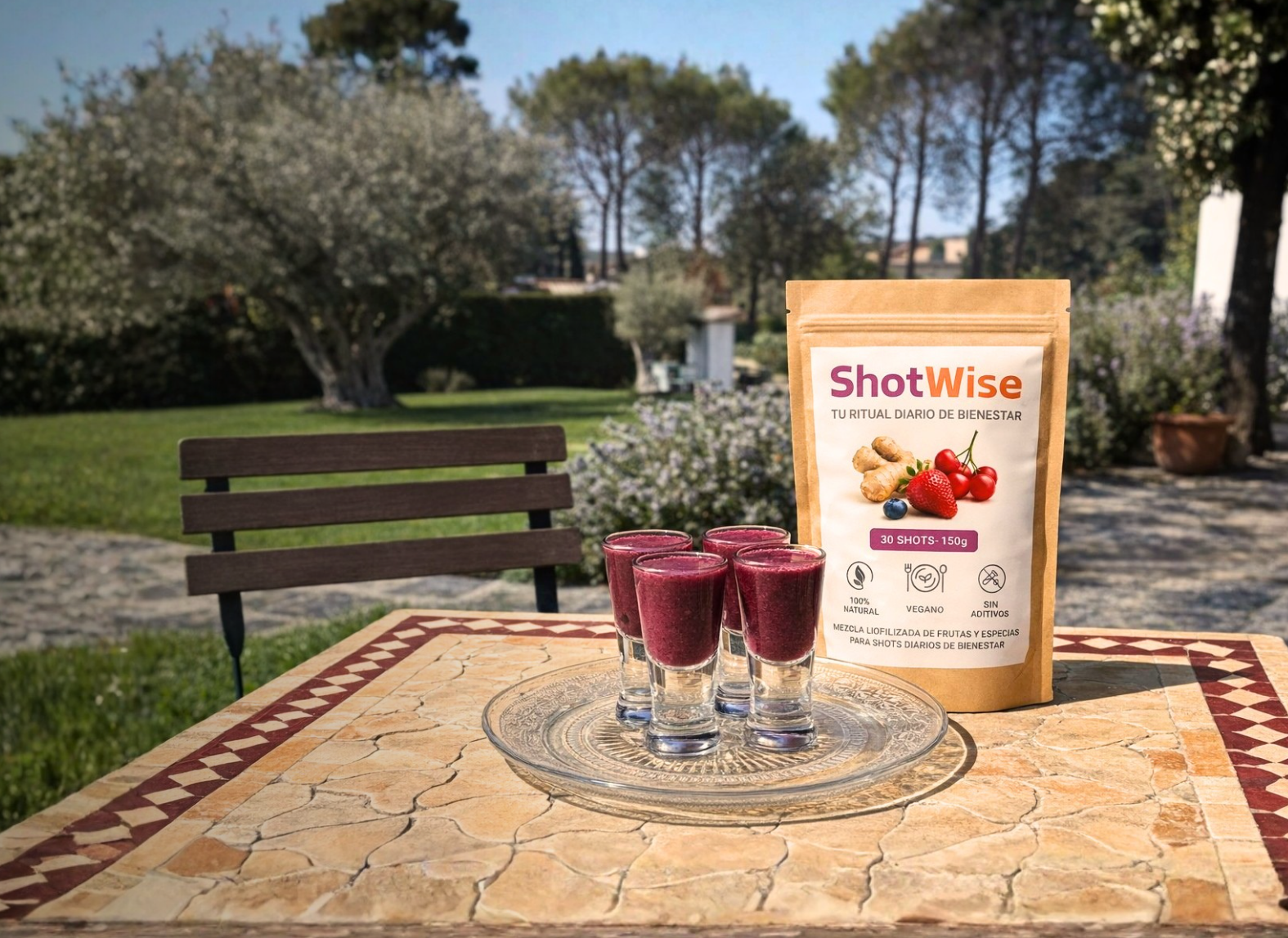 Pouch de ShotWise y 4 shots en una mesa frente a un jardín. Natural y delicioso