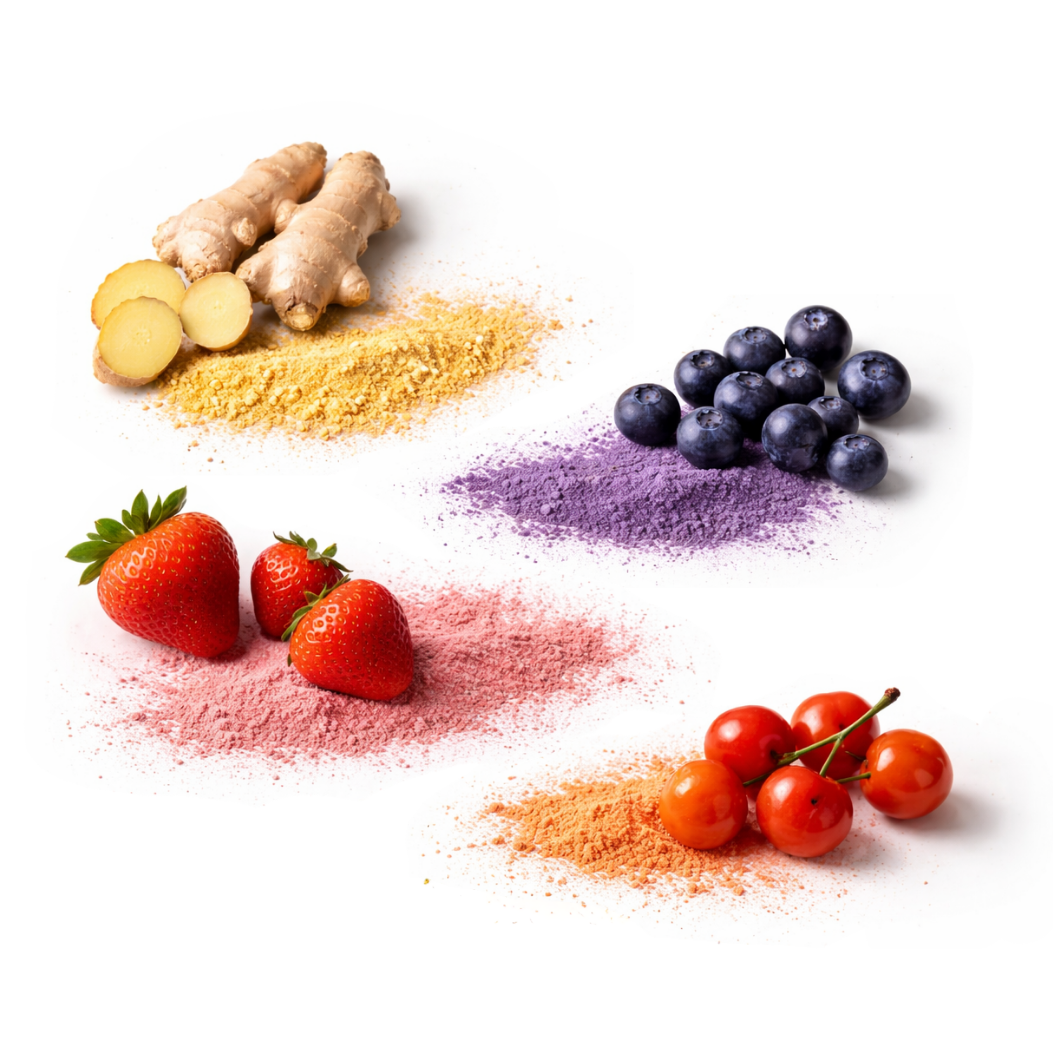 Frutas frescas y sus polvos liofilizados. Jengibre, arándanos, fresa y acerola.