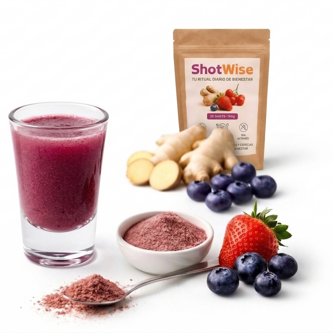 Ginger shot de bienestar liofilizado de ShotWise, frutas frescas y polvo natural liofilizado de frutas y especias 